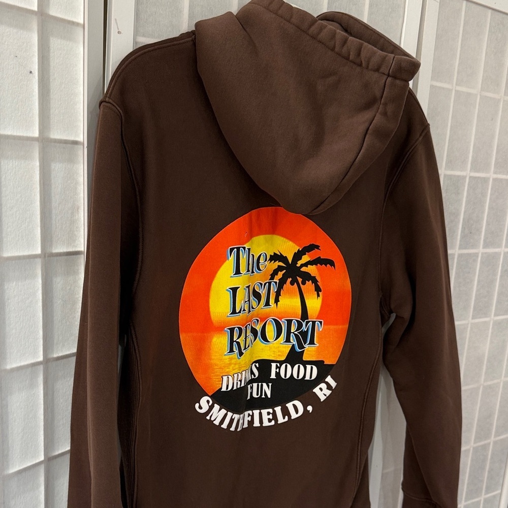 Men’s Brown Hoodie with Sunset Graphic The Last Resort Size L - Picture 3 of 5